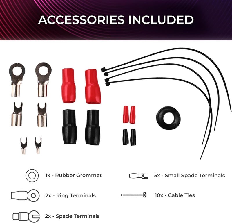 DS18 AKIT4.PU 4-GA Amplifier Installation Kit Up to 1680 Watts RMS, Mini-ANL Fuse Holder, Speaker & RCA Cables, CCA Amplifier Wiring Kit, Ultra Flex Wire, Amp Wire Kit, Amp Wiring Kit 4 Gauge - Purple - Image 4